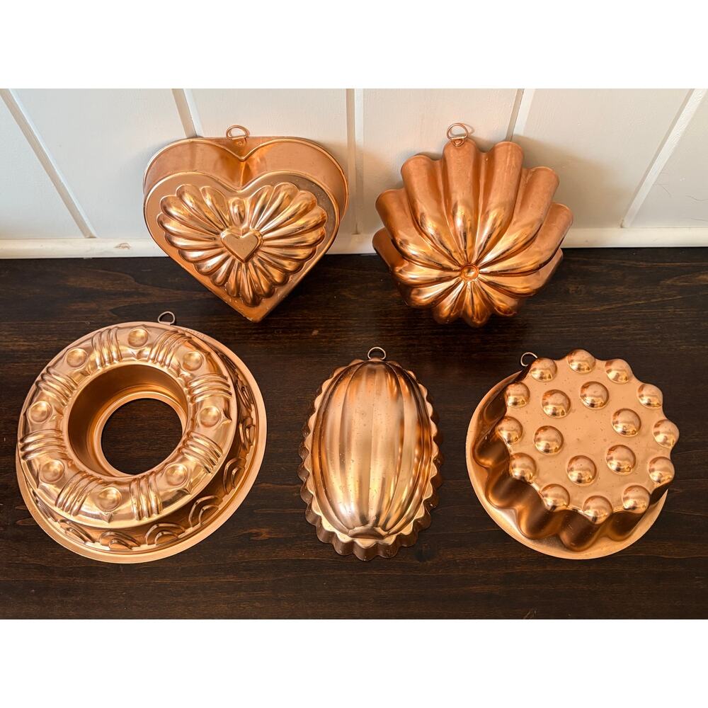 Vtg Copper Tone Jello Molds Set of 5 Heart-Bundt-Melon Cottagecore Grandma Core